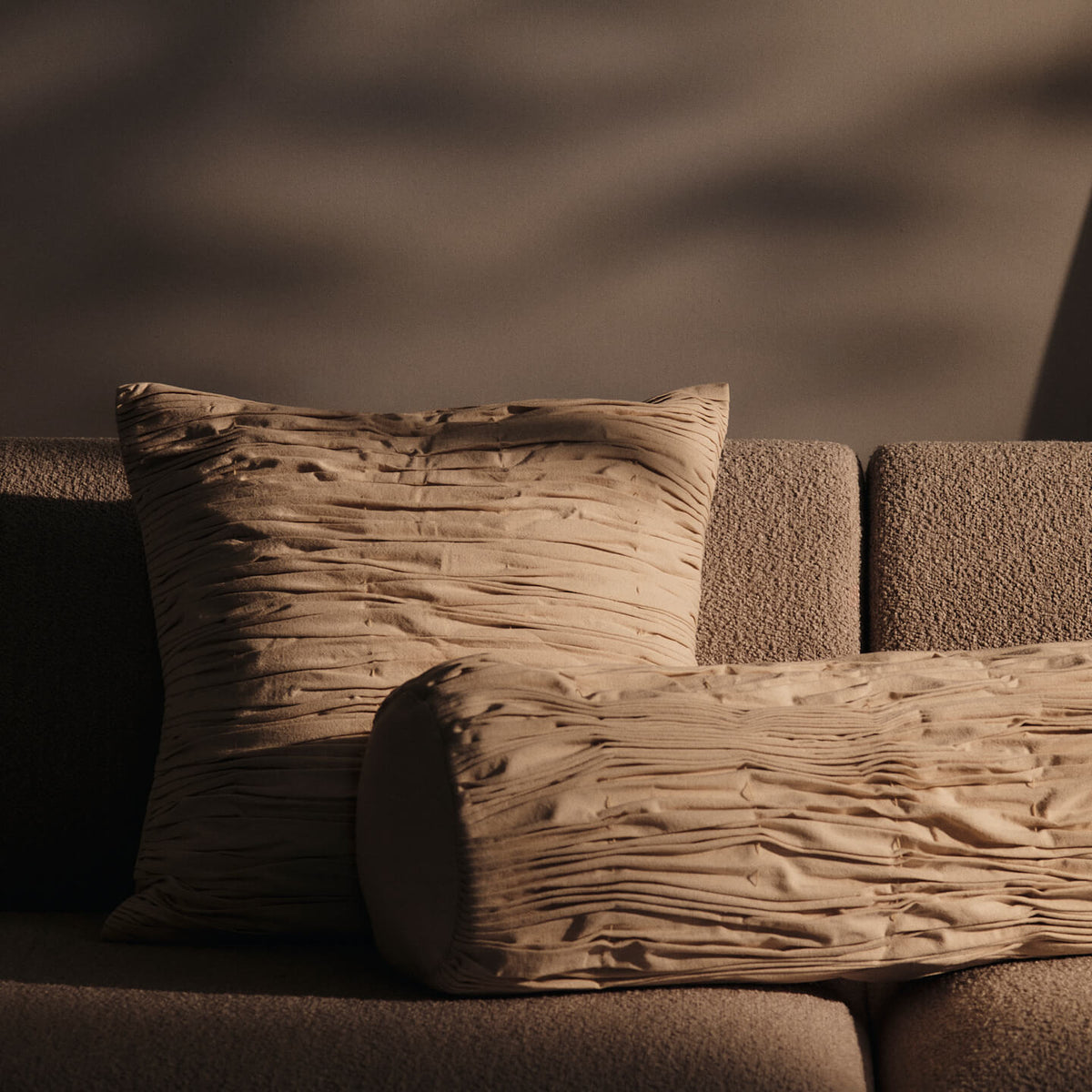 Ferm Living Falda Smocked Bolster Cushion Organic Cotton Undyed
