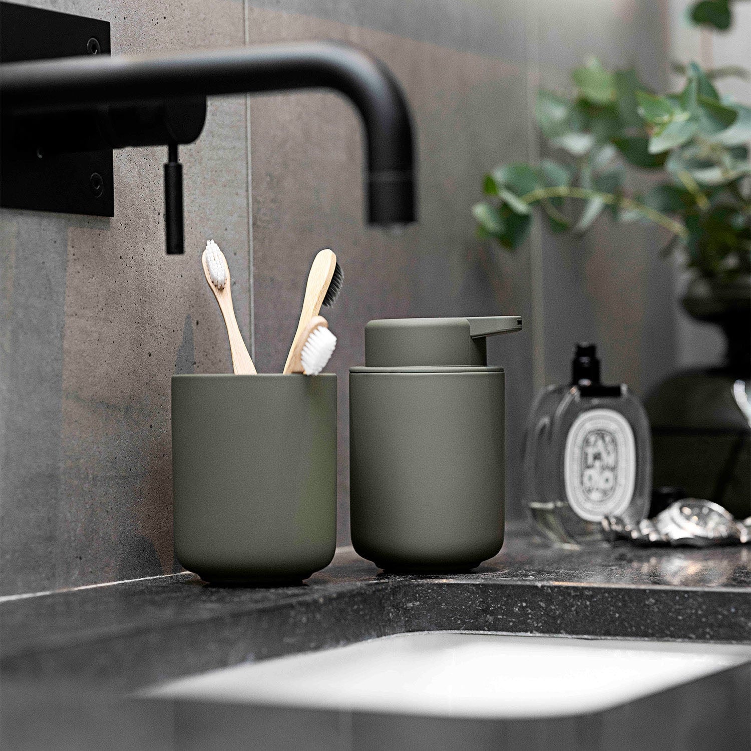 Zone Ume Toothbrush Mug and Soap Dispenser - Olive Green