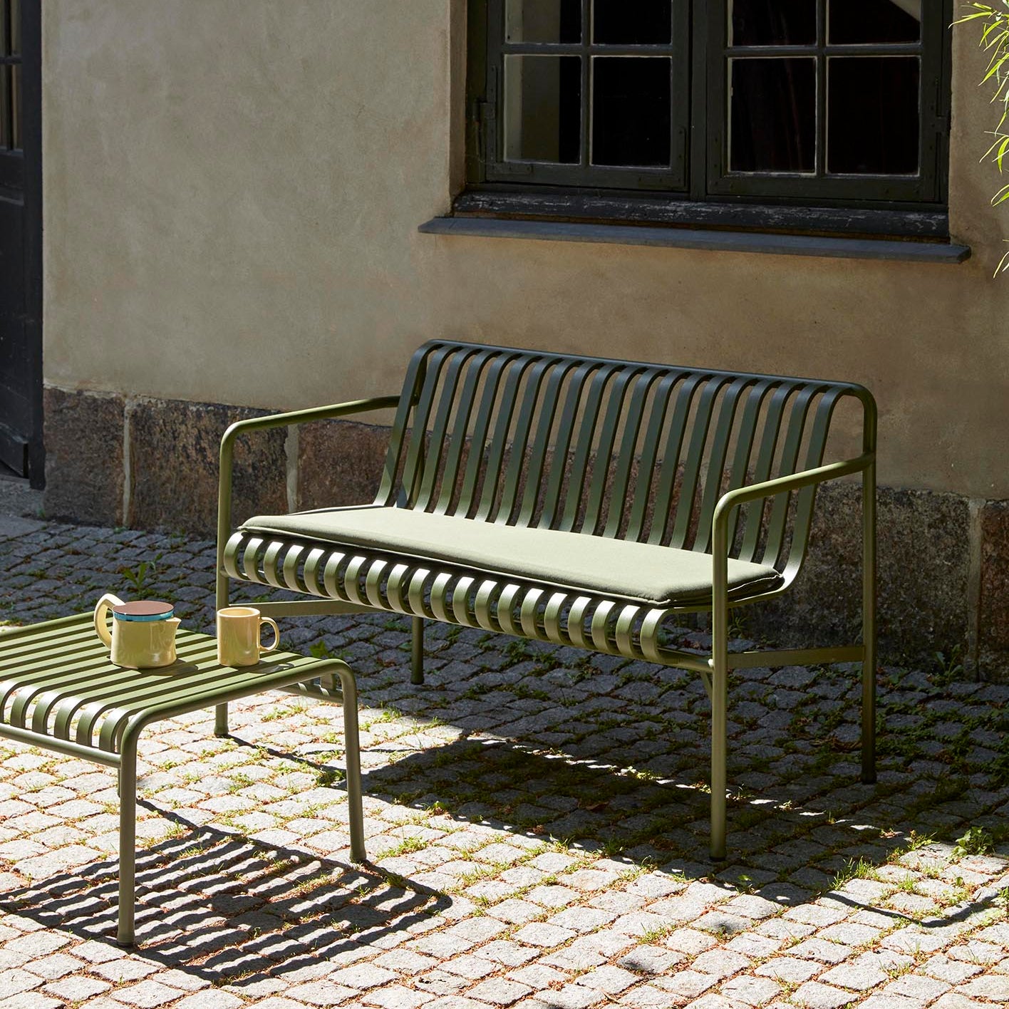 HAY Palissade Dining Bench Olive with Olive Cushion