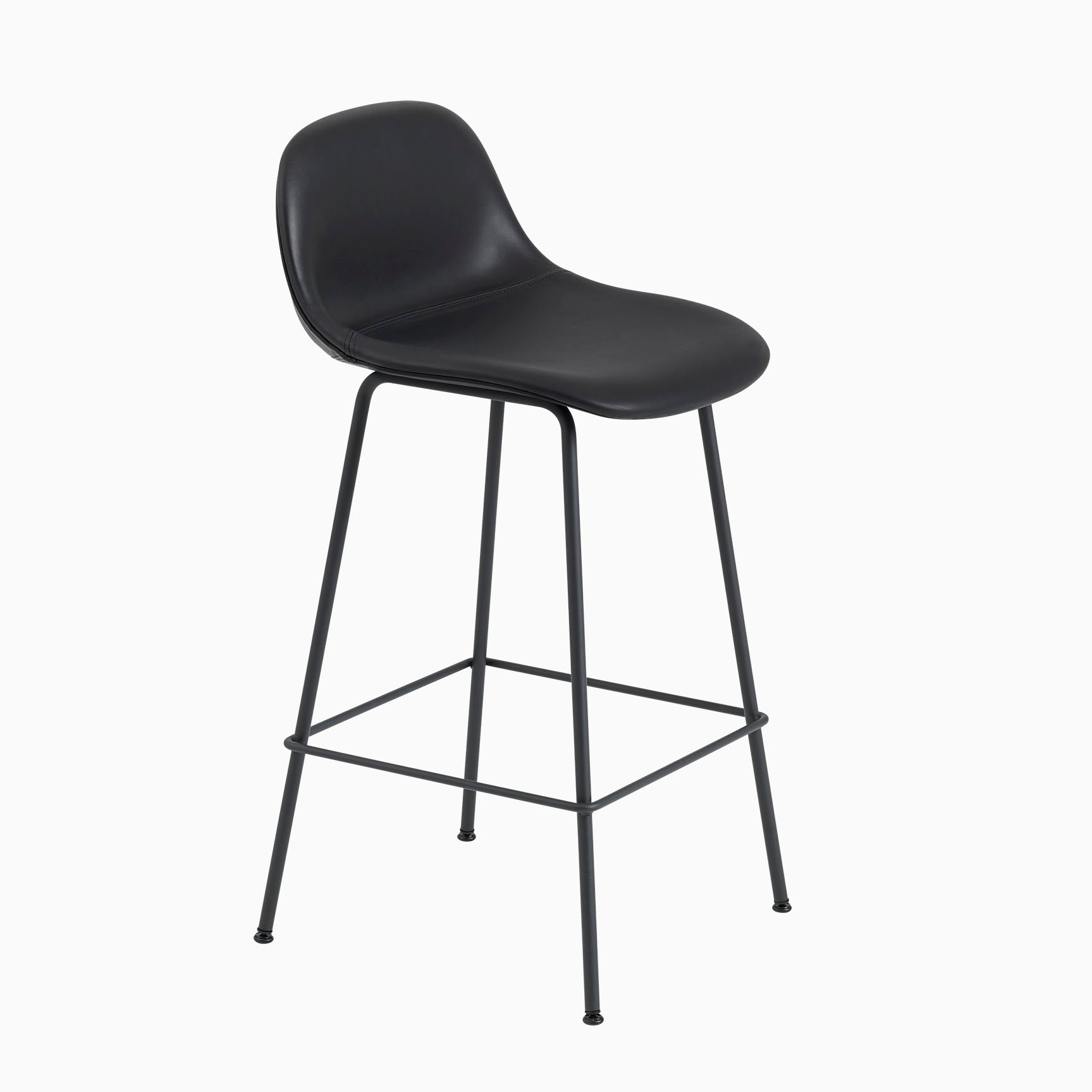 Muuto Fiber Bar Stool with Backrest Tube Base Black Leather
