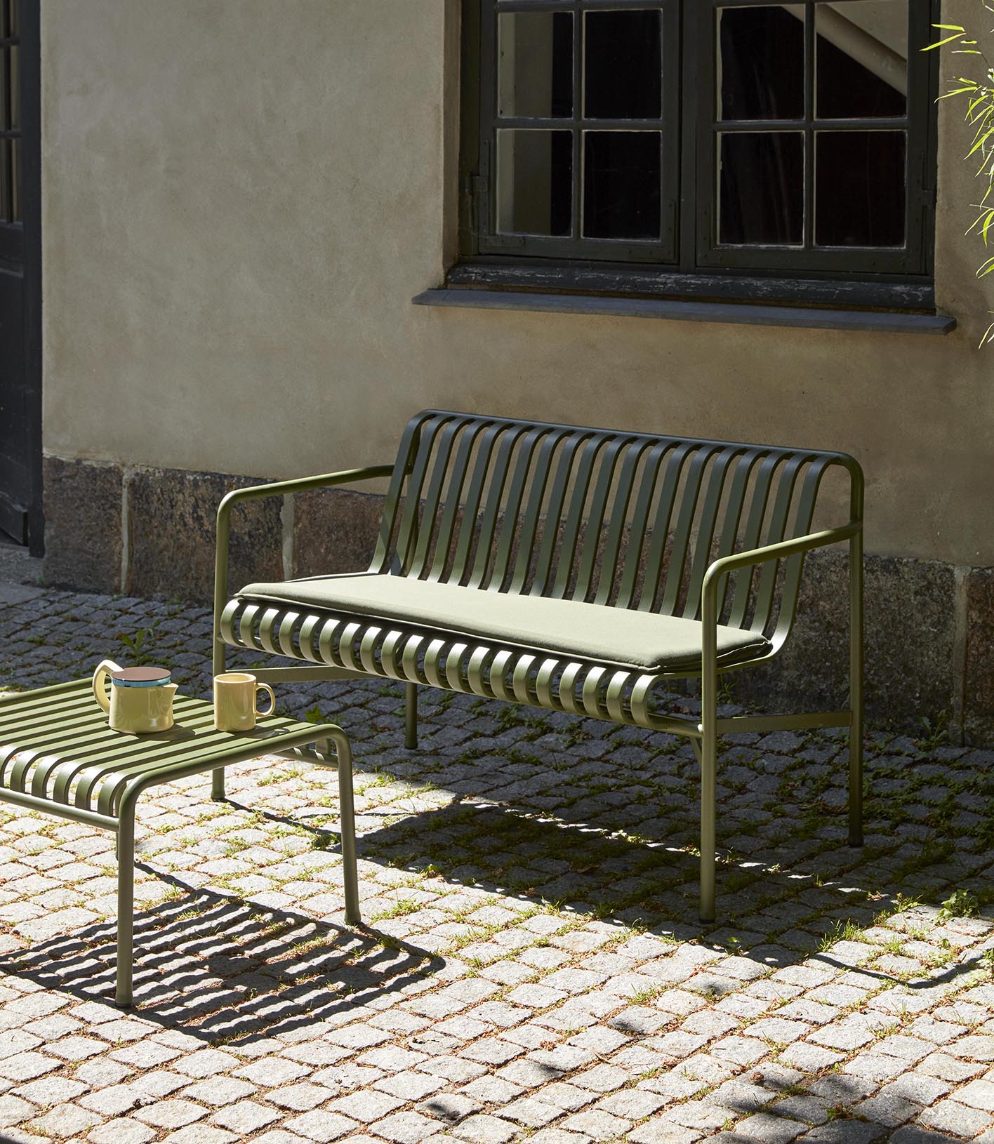 HAY Palissade Dining Bench Olive with Olive Cushion