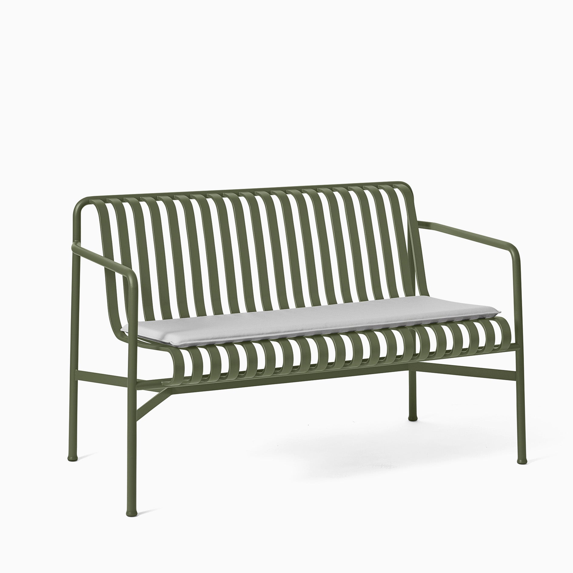 HAY Palissade Dining Bench Olive with Sky Grey Cushion