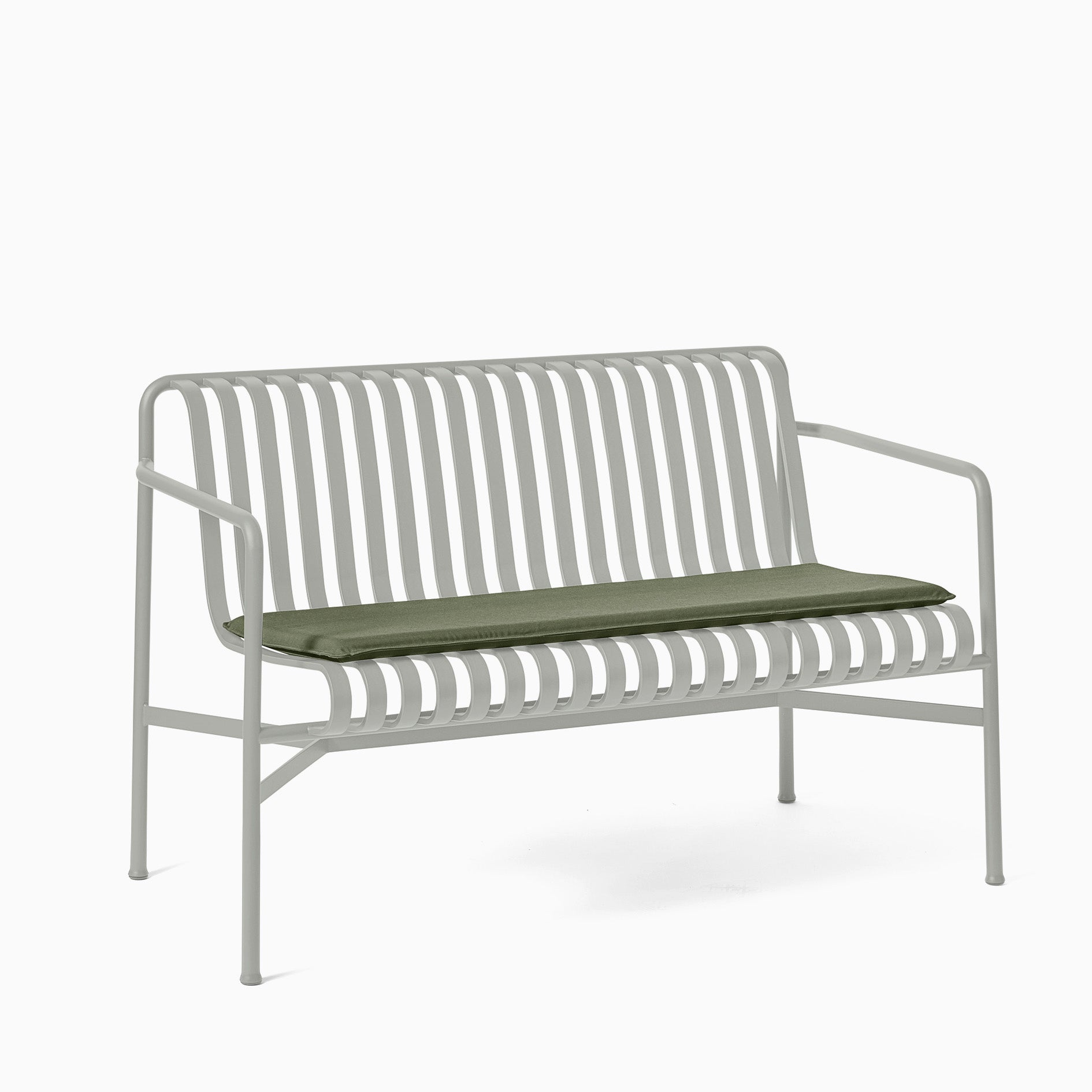 HAY Palissade Dining Bench Sky Grey with Olive Cushion