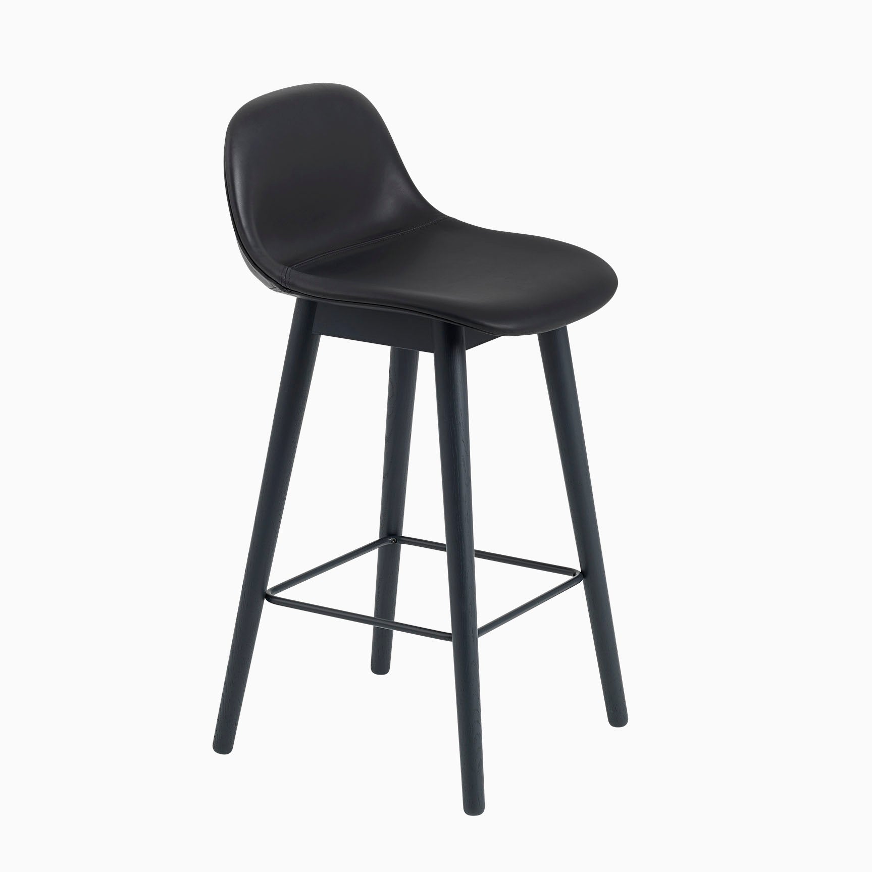 Muuto Fiber Barstool With Backrest Wood Base Black Leather