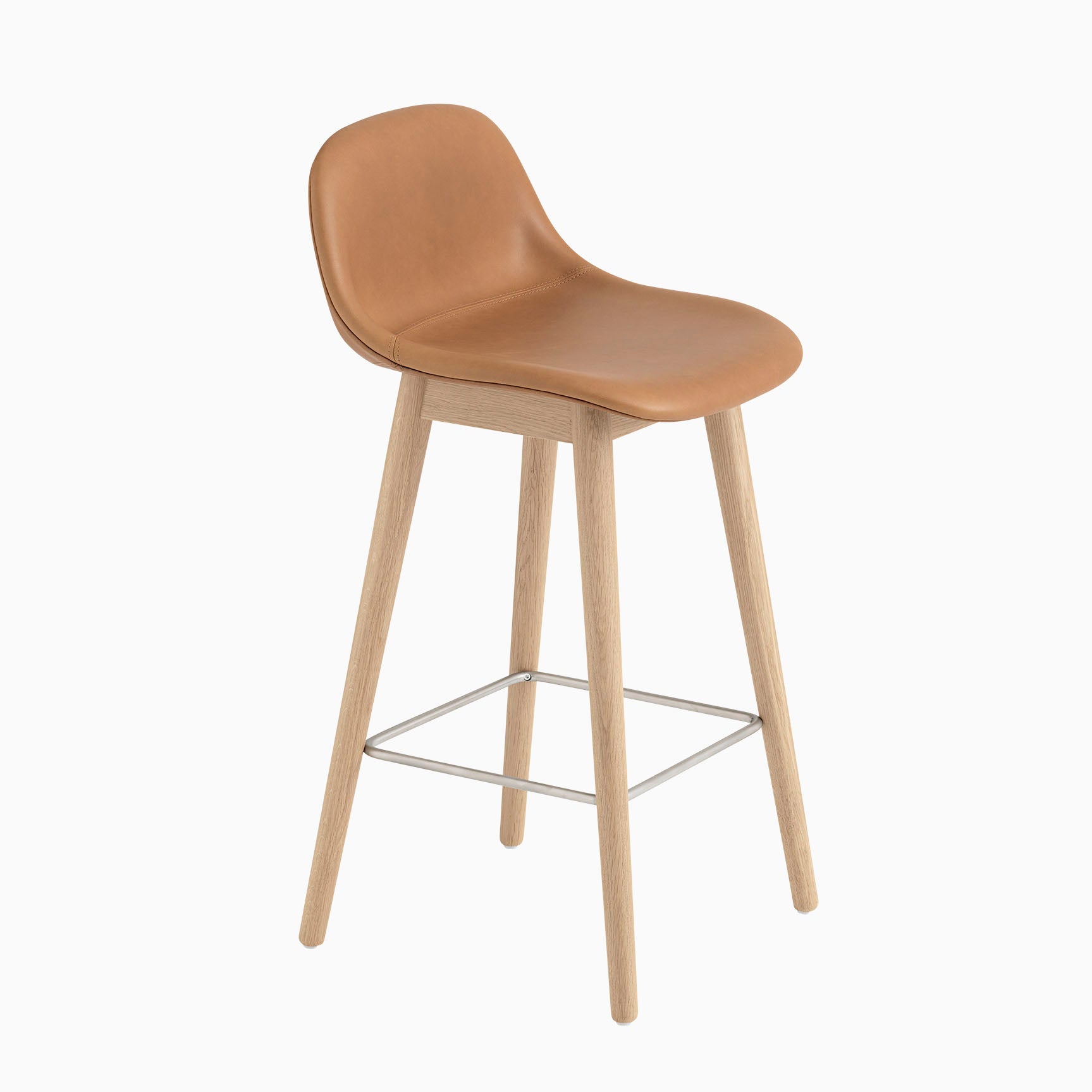 Muuto Fiber Barstool With Backrest Wood Base Cognac Leather
