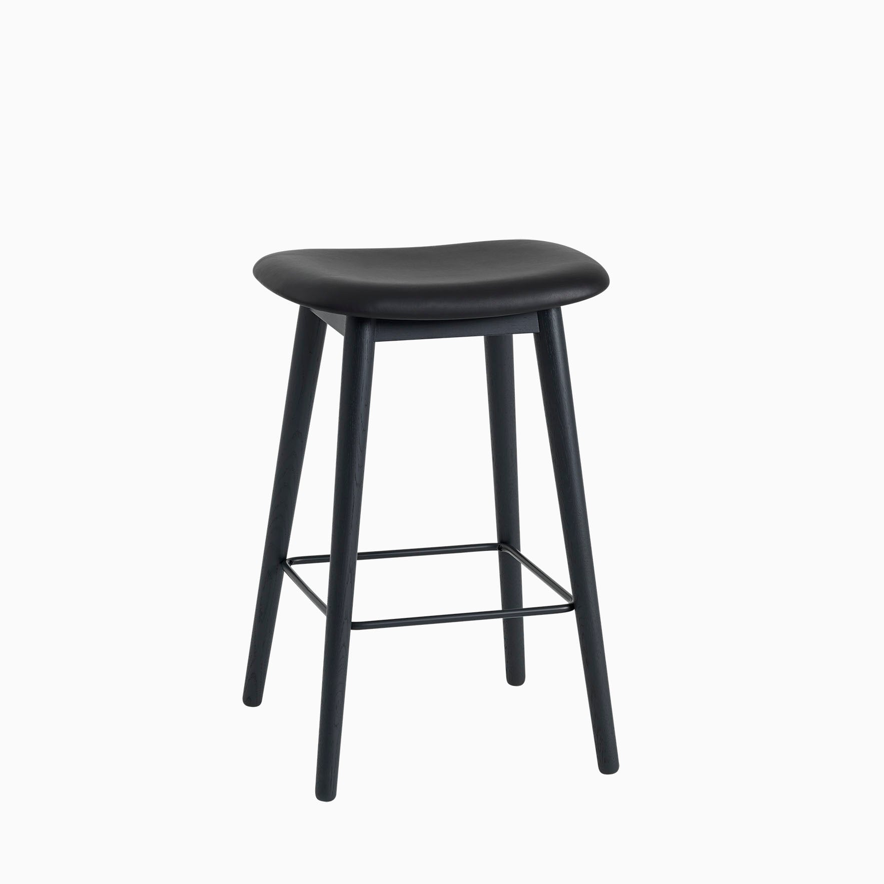 Muuto Fiber Bar Stool Wood Base Black Leather