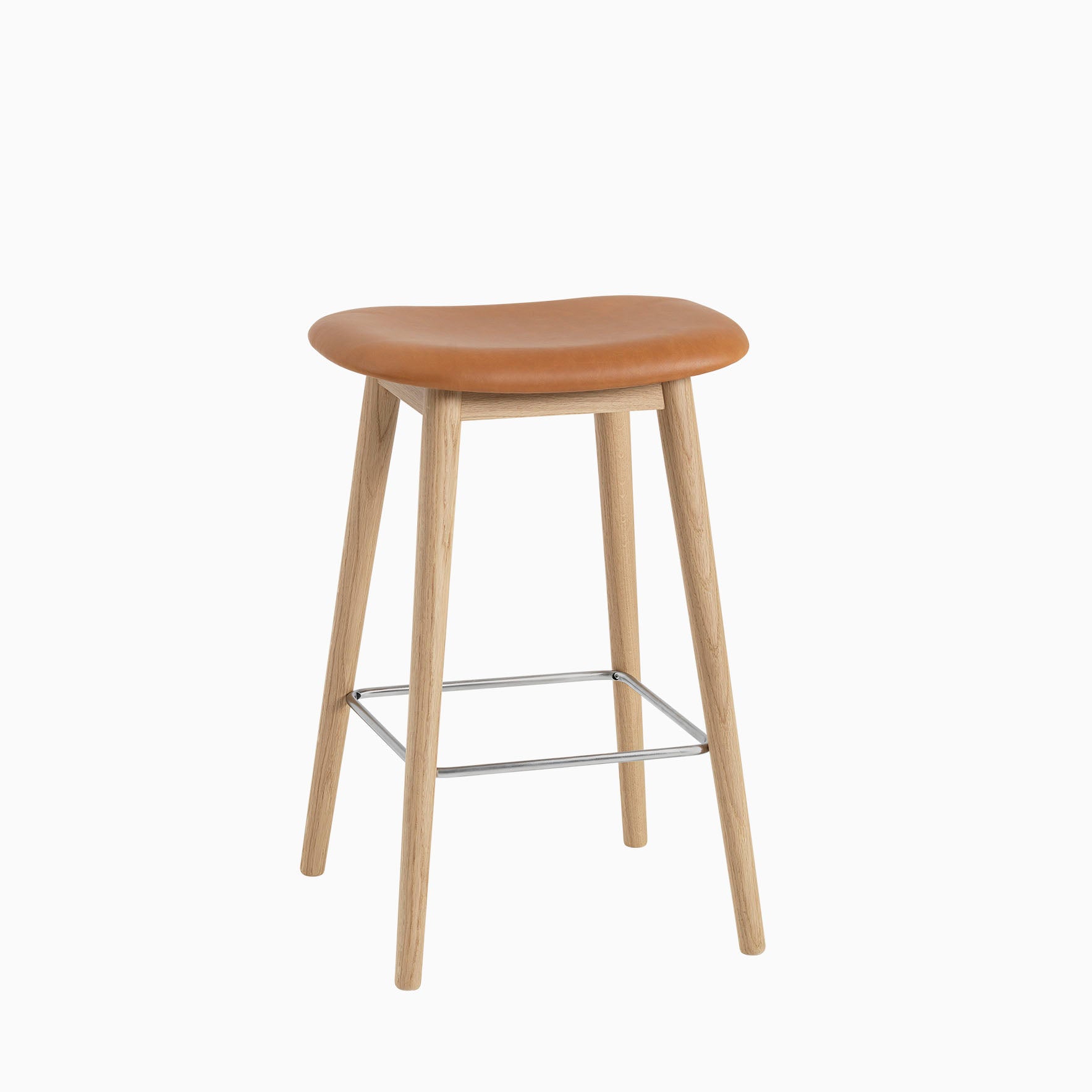 Muuto Fiber Bar Stool Wood Base Cognac Leather